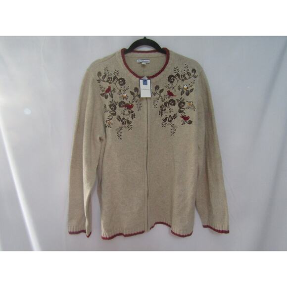Croft & Barrow Woman 1X Zip Cardigan Sweater Birds Floral Beige Silk Blend Y2K - Picture 1 of 7